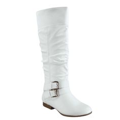 This Style Runs Pretty True To Size Round toe design Zipper for closure Double buckles Elestic band on top for extra stretch Finished with cushioned insole Faux Leather Heel Height: 1" (approx) shaft length: 17" (approx) top opening circumference: 16" (approx) Size: 9.  Color: White.  Gender: female.  Age Group: adult. Black And White Boots, Winter Boots Women Waterproof, Knee High Boots Winter, Knee High Riding Boots, Calf High Boots, Knee Length Boots, Casual Ankle Boots, Low Heel Boots, Wedge Heel Boots