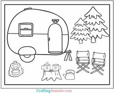 a coloring page with a camper and chairs