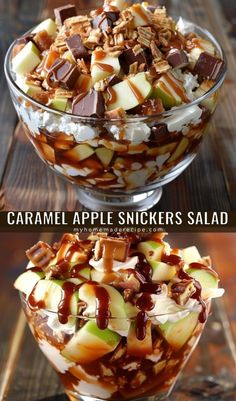 caramel apple snickkers salad in a glass bowl