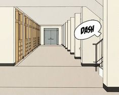 a cartoon drawing of a hallway with bookshelves and a sign that says dash