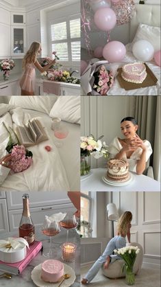 a collage of photos with pink and white balloons, flowers, cake, and other items