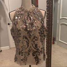 Ellie Tahari Gold Embellished Top. Sequined And Rough Edged Design. No Tags But Never Worn. Glamorous Beaded Party Blouse, Chic Beaded Blouse For Party, Chic Embellished Blouse For Party Season, Elegant Embellished Blouse For Night Out, Elegant Beaded Tops For Party Season, Elegant Evening Blouse With Contrast Sequin, Elegant Beaded Blouse For Party, Elegant Embellished Tops For Cocktail, Elegant Embellished Cocktail Tops