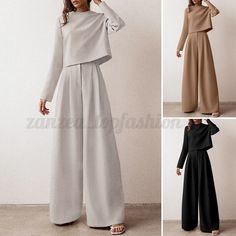 Women Casual Loose Sets Suits Long Sleeve Shirt Blouse Tops Wide Legs Pants Plus | eBay Solid Long Sleeve Pant Set For Workwear, Linen Winter Outfits, Modest Casual Summer Outfits, Power Suits For Women, Shirt Blouses Tops, Top Pants Set, Wide Pants, Long Shorts, Casual Summer Outfits