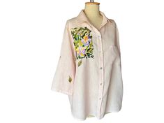 Handmade blouse / shirt with a lot of love by me ☀️  100% linen  Hand embroidery of iris flowers and leafs. The embroidery itself took more than 80 hours of work. One pocket on the left side. Nacre buttons.  Fits L size, can be worn as aversized by S or M size.  I recommend hand wash only  💌 feel free to contact me with questions, I'm always happy to chat & help. Spring Embroidered Linen Shirt, Spring Linen Shirt With Floral Embroidery, Relaxed Fit Linen Blouse With Floral Embroidery, Lilies Embroidery, Iris Embroidery, Handmade Blouse, Shirt With Embroidery, Best Shampoos, Iris Flowers