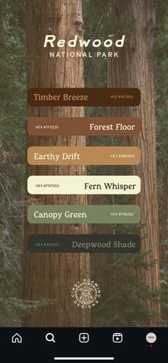 the redwood national park menu is shown on an iphone screen, with trees in the background