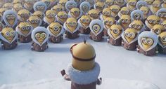 a bunch of small yellow and gray birds in the snow with one person standing next to them