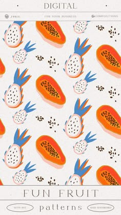 an orange and blue pattern with pomegranates on it, the words fun fruit patterns