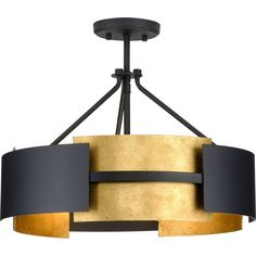 a chandelier with two shades of black and gold on the bottom, hanging from a ceiling fixture