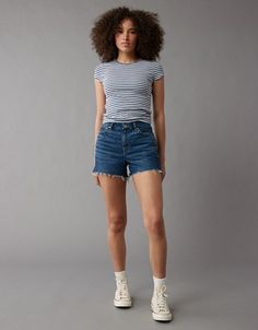 Trendy Fitted Cutoff Bottoms, Trendy High-waisted Relaxed Fit Shorts, Trendy High-waisted Relaxed Shorts, Fitted Cutoff Bottoms For Summer, Summer Fitted Cutoff Bottoms, Chic High Waist Relaxed Fit Jean Shorts, Chic High Rise Relaxed Fit Shorts, Chic High Rise Shorts With Relaxed Fit, Chic High-rise Relaxed Fit Shorts