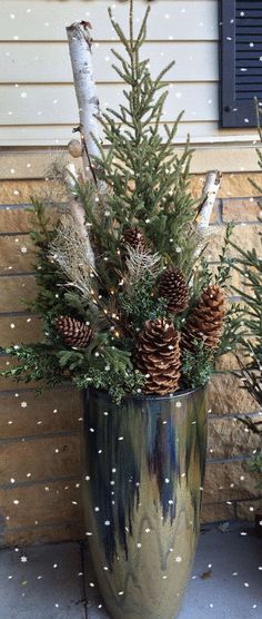 a large potted plant with pine cones and evergreen branches in it on the front porch