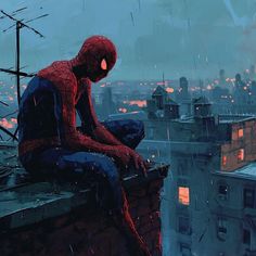 a spider man sitting on top of a roof in the rain looking at the city