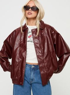 Devija Faux Leather Jacket Burgundy Cherry Leather Jacket, 2024 Jacket Trends, Cool Leather Jackets, Maroon Game Day Outfit, Maroon Jacket Outfit, Whimsigoth Jacket, Outside Lands Outfit, Dark Red Leather Jacket, Leather Jacket Outfits Women