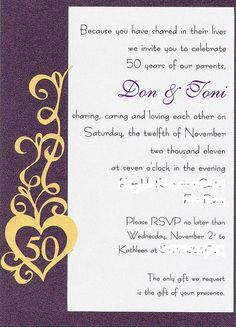 a purple and gold wedding card with hearts on it