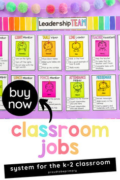 classroom jobs for the k - 2 classroom with colorful paper balls and pom poms