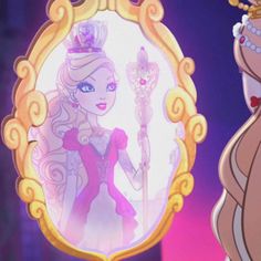 an animated image of a princess holding a wand and looking at herself in the mirror