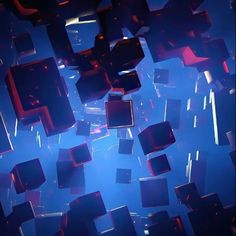 many cubes floating in the air on a blue and purple background with light coming through them