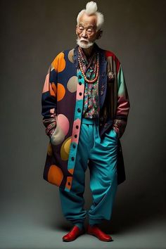 an old man in colorful clothing and red shoes