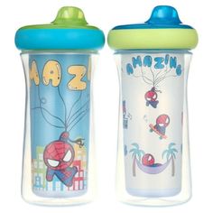 two children's sippy cups with designs on them