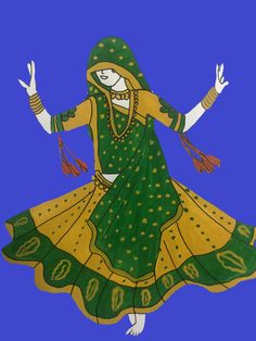 a painting of a woman in green and yellow dress with her arms outstretched, on a blue background