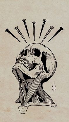 a black and white drawing of a human skull with arrows coming out of its head