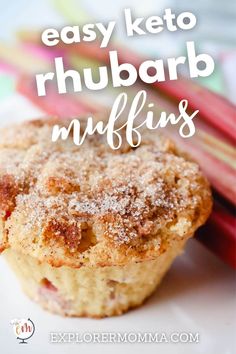 an easy keto rhubarb muffin with powdered sugar on top