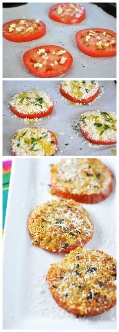 tomatoes and cheese are being cooked on the stove top, then baked in the oven