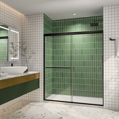 a green tiled bathroom with a walk in shower