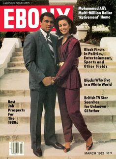 a man and woman standing on the cover of ebony magazine in front of some steps