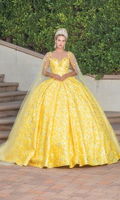 Yellow a-line quinceanera ball gown with sweetheart neckline and draped cape sleeves. Hijab Prom Dress, Quince Dress, Kids Party Dresses, Body Measurement, Quinceanera Dress, Full Length Skirts, Sheer Overlay, Communion Dresses, Prom Girl