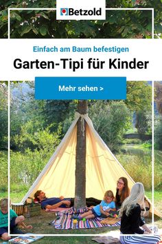 a group of people sitting under a tree in front of a teepee tent with the words garten - tip fur kinder