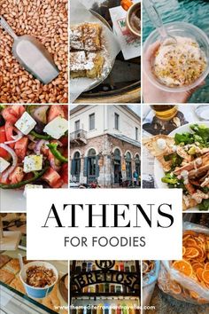 many different foods are shown with the words athen's for foodies