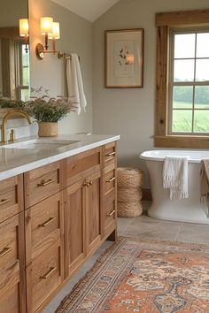 a bath room with a tub a sink and a window