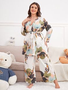 Multicolor Casual  Long Sleeve Polyester Floral Pant Sets  Non-Stretch  Women Plus Sleep & Lounge Womens Pjs, Latest Dress Design, Plus Size Pajamas, Pant Sets, Suit Designs, Floral Pants, Pajama Sets, Pj Sets, Cute Couple Videos