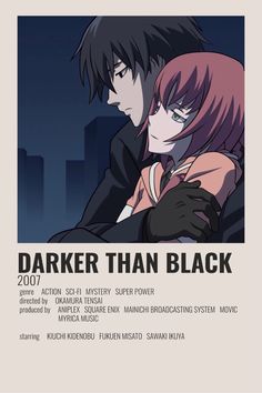 the poster for darker than black, which features two people hugging each other in front of a cityscape