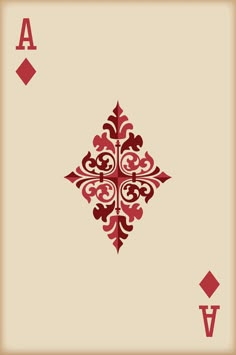 the back side of a playing card with red and brown designs on it, in front of