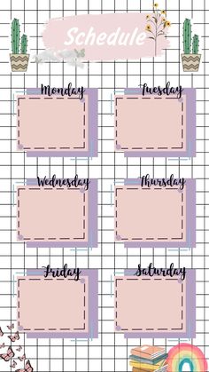 a printable schedule for the school year with cactuses and flowers on it,