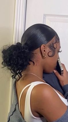 Sleek Bun With Weave, Slick Back Curly Bun Weave, Slick Back Messy Bun With Weave, How Hairstyle Black Women, Slick Ponytail Weave Curls, Weave Bun Hairstyles, Slick Back Hairstyles Black Women, Messy Bun Black Women