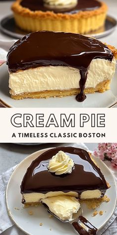 two different views of a pie with chocolate and cream toppings on the top one