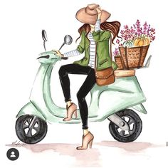 a watercolor painting of a woman on a scooter with flowers in the basket