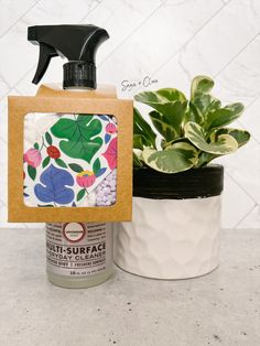 a potted plant sitting next to a bottle of paint and a container with a cloth on it