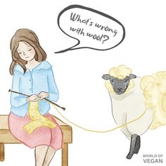 a woman sitting on a bench next to a sheep with a thought bubble saying what's wrong with wool?