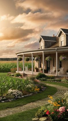 a house that is in the middle of a field with flowers and plants around it