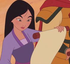 an animated character holding a piece of paper next to a woman with long black hair