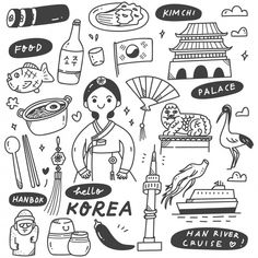 hand drawn korean culture icons set in black and white stock photo, images and royalty