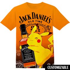 a t - shirt with an image of a pikachu holding a bottle of whiskey