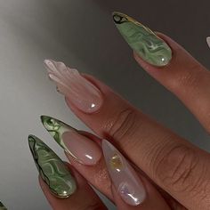 Almond Nails August 2024, Girly Green Aesthetic, August Nails Ideas Square, Almond Acrylic Nails Green, Green Almond Nails Designs, Jade Nails Acrylic, Puerto Rico Nails, Green Fairy Nails, Green Almond Nails