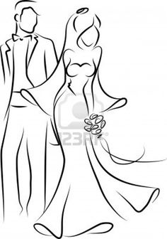 a bride and groom standing next to each other in silhouette on a white background stock photo