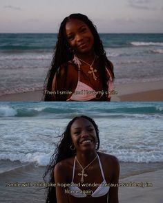 two women in bikinis on the beach one is smiling and the other is laughing