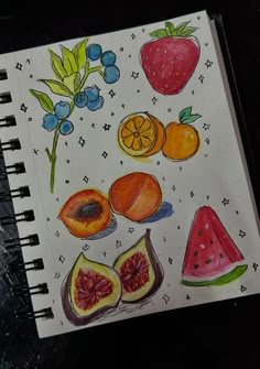 a drawing of fruits and berries on a white paper with blueberries, strawberries, oranges, watermelon