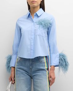 Hellessy Anatole Feather-Trim Collared Shirt Feather Cuffs, Feather Trim, Ostrich Feather, Ostrich Feathers, Collared Shirt, Poplin Shirt, Preppy Style, Collar Shirts, Neiman Marcus